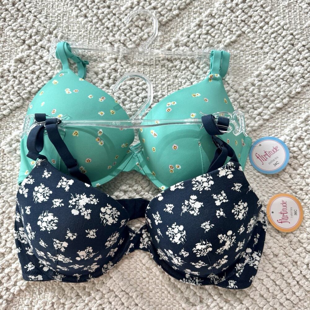 2 FLIRTITUDE Sizes 34C & 36C Cotton Underwire Pad Bras / Blue Floral Adjustable